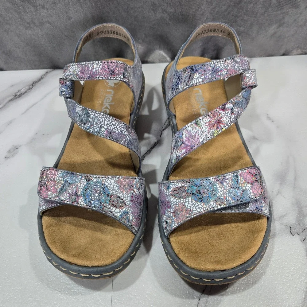 Rieker Antistress Regina C7 Floral Metallic Leather Sandals Womens 38 US 7.5